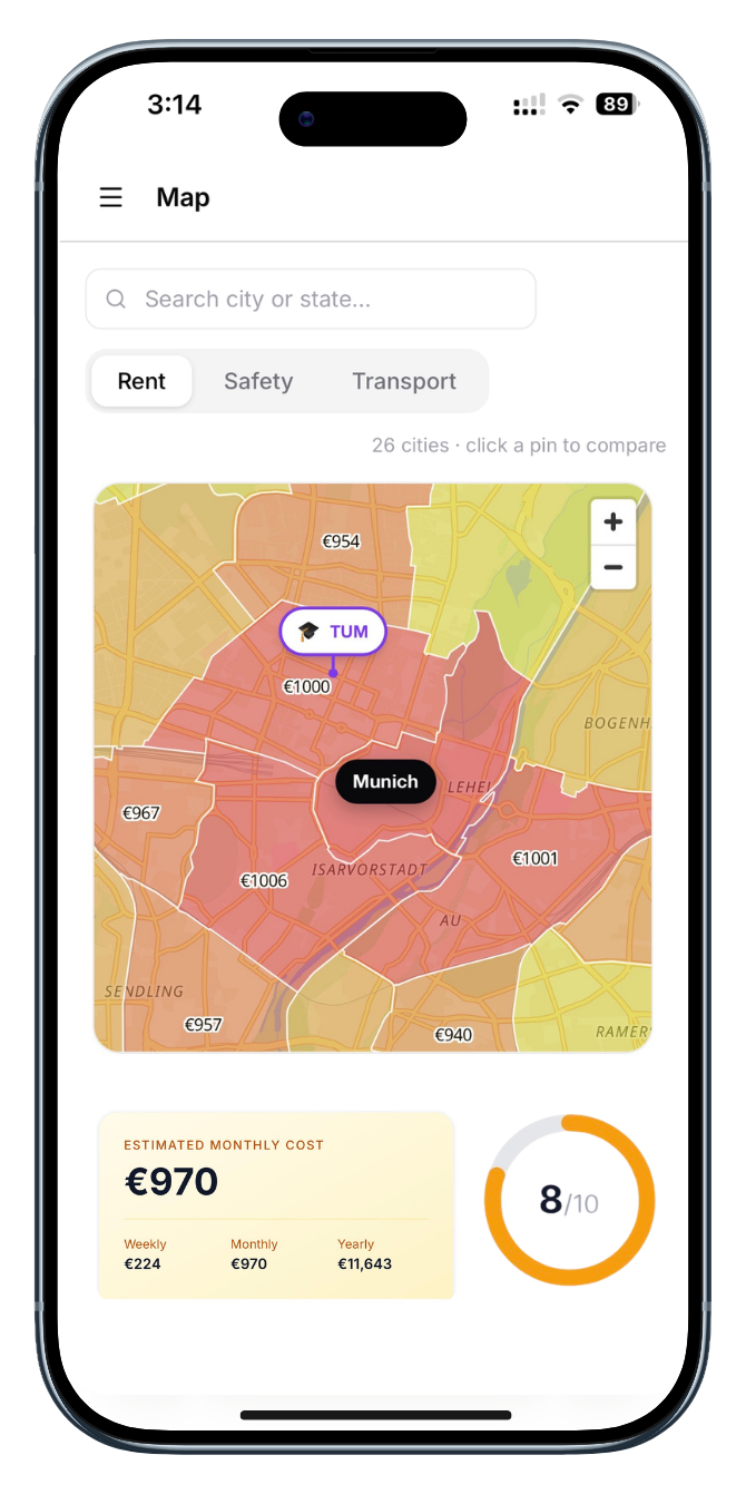 FirstWeek.de app screenshot: Find housing