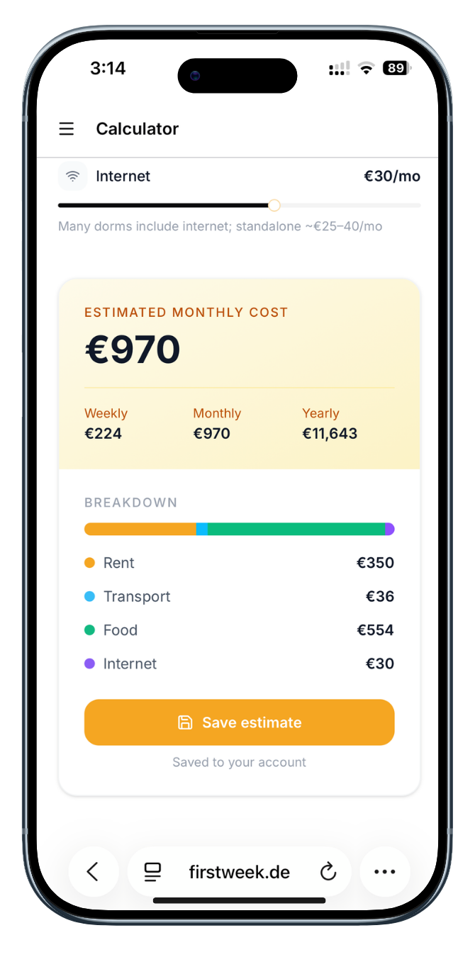 FirstWeek.de app screenshot: Anmeldung guide