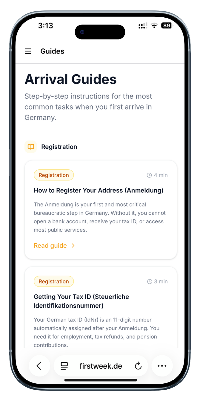 FirstWeek.de app screenshot: Open a bank account