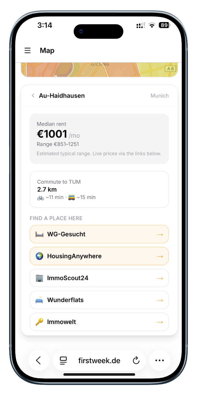 FirstWeek.de app screenshot: Cost of living calculator