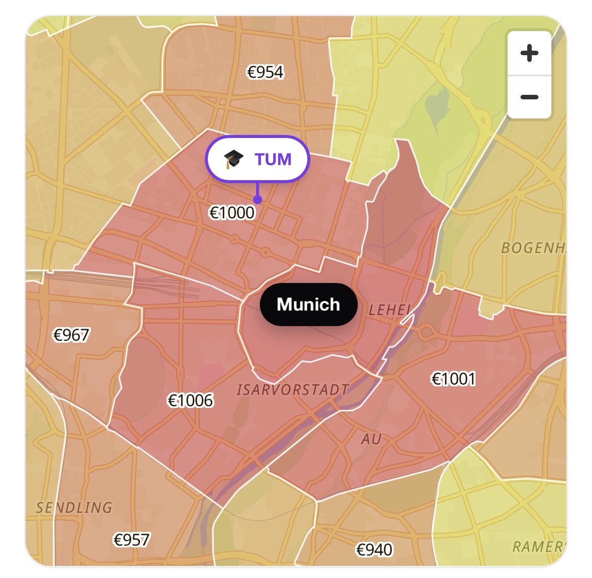 Munich rent map coloured by district